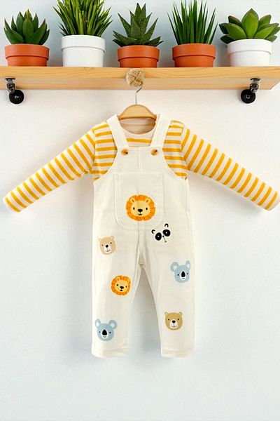 Necix's Baby Jumpsuit Salopet Set - Lion Printed Long Sleeve Striped Bodysuit Combination