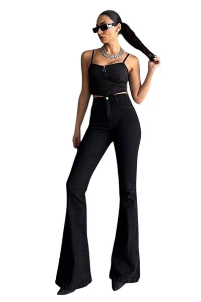 byhaziran butik Jacuemma Women's Black High Waist Stretchy Denim Fabric Flare Jeans