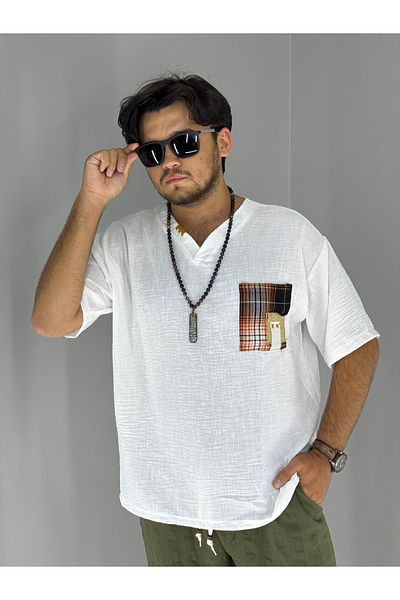 MARESHAL Handmade Collar and Straw Pocket Oversize T-Shirt (White)