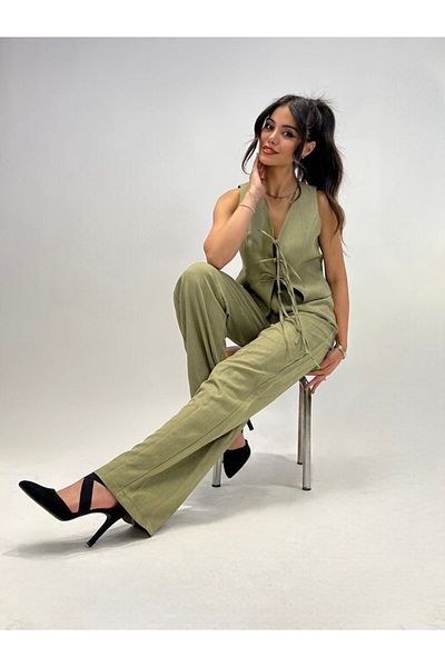 Stil Sepeti Women's Khaki Linen Lace Front Vest Elastic Waist Wide Leg Trousers Suit Drl-1000203012