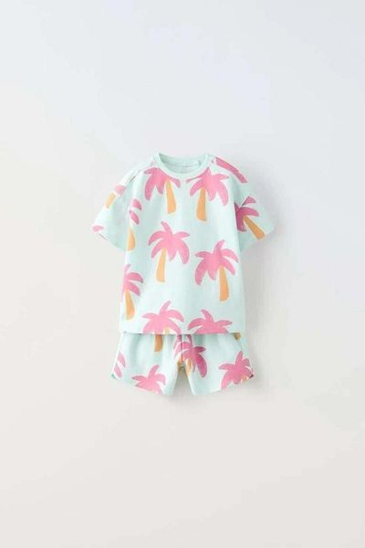 Magu Unisex Kids Cotton Mint Palm Pattern T-Shirt and Shorts Set – Summer Two Piece Set