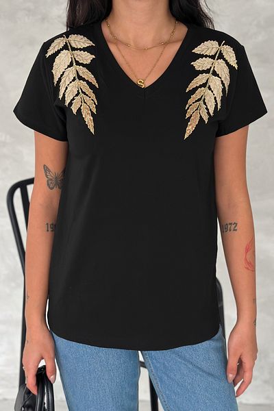 FEMELLE Women's Black 100% Cotton T-Shirt V-Neck Shoulder Leaf Sequins and Embroidery Embroidered