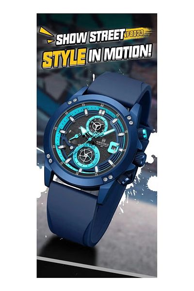 Naviforce Men's Chronograph Sports Watch Blue Dial Silicone Strap Quartz Analog Digital Waterproof 30M
