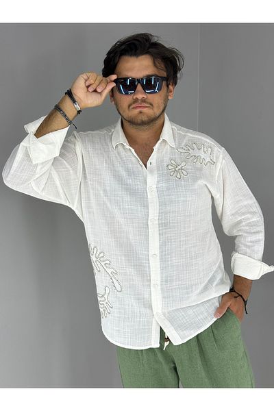 MARESHAL 100% Cotton Oversize Shirt with Embossed Embroidery Detail (White)