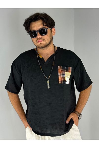 MARESHAL Handmade Collar and Straw Pocket Oversize T-Shirt (Black)