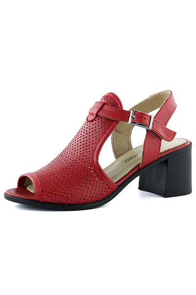 Erkan Saçmacı Elena Red Genuine Calf Leather Comfortable Daily Sandals with Open Front and Back Hole Detail and Thick Heels