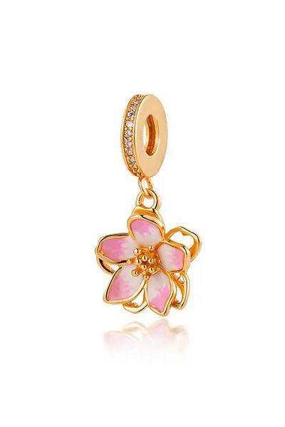 Fubena Rose Pink Cherry Blossom Dangle Silver Charm