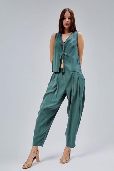 Bolivente Khaki V-Neck Bow Detailed Vest-Pants Suit
