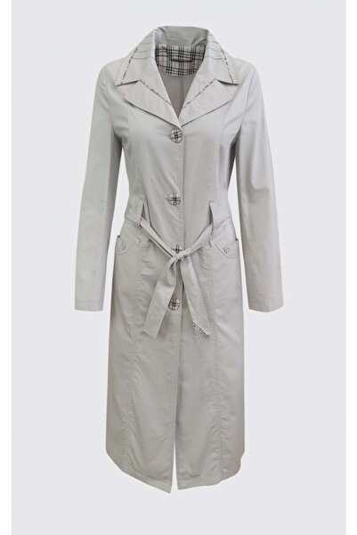 İLİ İ01411 Kadın Keten Önü Düğmeli Trençkot - Taş - ST01411-Taş-42