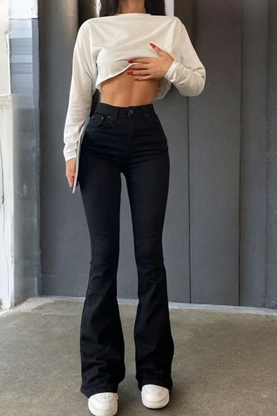 byhaziran butik Lenay Women's High Waist Black Denim Flare Jeans