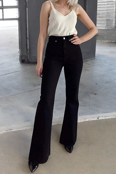 byhaziran butik Binoche Black Non-Fading Lycra High Waist Denim Spanish Leg Jeans