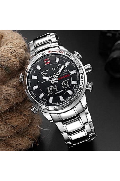 Naviforce Premium Stainless Steel Chronograph Watch for Men Digital Analog Display with Tachymeter