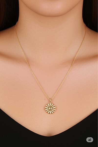 FAMEMUS ACCESSORY Steel Gold Color Chain Zircon Stone Sun Model Women's Necklace