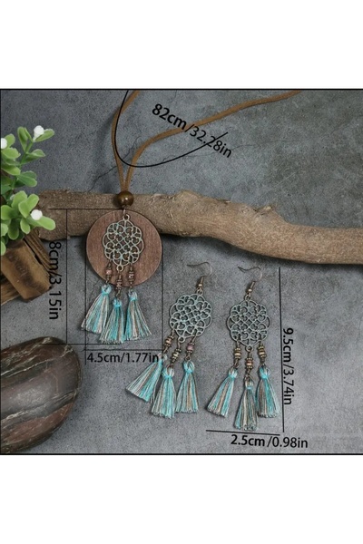ORGANICYOU Yiwu 3 Pieces Vintage Bohemian Ethnic Style Women's Jewelry Set, Antique Bronze Carved Blue Mixed Color
