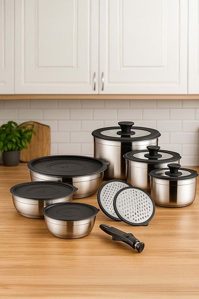 Jenisa 16 Pieces Stainless Steel Pot Storage Container Set Removable Handle Glass Lid Grater