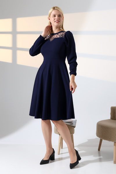 Fasmia LACİVERT GİGOT KOL ÖN DETAYLI BİSİKLET YAKA ELBİSE