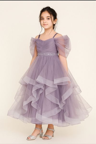 kent of kıds Girl's Elastic Waist Zipper Closure Strap Shoulder Detail Sparkling Layered Evening Dress