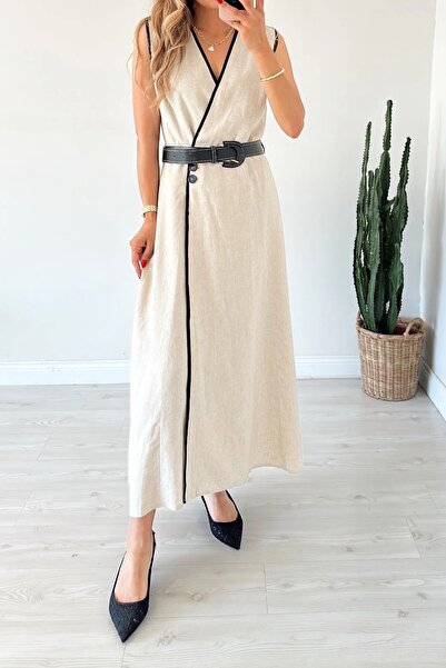 Suziş Belted Striped Detail Linen Mixed Dress 4S779