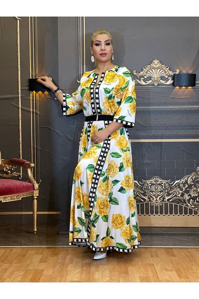 Yeşilmoda Suit Jacket and Skirt,Lined Jacket,Satin,Yellow Flowers,Patterned,Long Skirt,Zipper, Bat Sleeve.