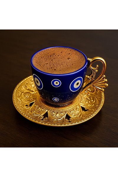 FAIR HOME Evil Eye Bead Patterned Blue Color Gold Coffee Set with Handle and Plate