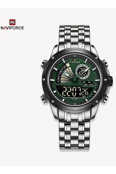 Naviforce Green Dial Digital Analog Mens Watch Stainless Steel Waterproof
