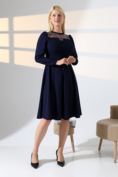 Fasmia LACİVERT GİGOT KOL ÖN DETAYLI BİSİKLET YAKA ELBİSE