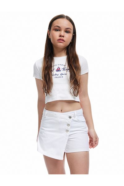 Koton New Season Printed Cotton Crew Neck Short Sleeve Crop T-Shirt