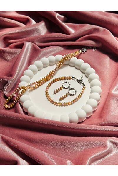 AERAS DESİNG Özel Renk Gerçek İnci Kolye Bileklik Küpe Seti