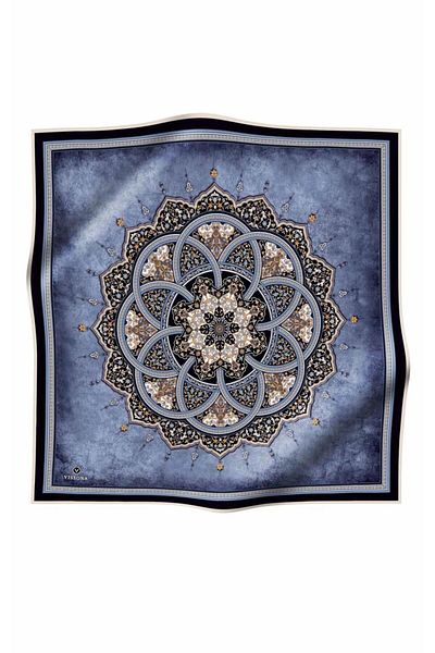 Vissona 100% Twill Silk Shawl Pattern Indigo - Σχήμα φόρμας κασκόλ 90x90 σε μπλε ναυτικό χρώμα Ράψιμο στο χέρι