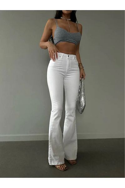 ÖZMODA Miav Women's White Lycra Spanish Leg Jeans (Stretch Fabric)