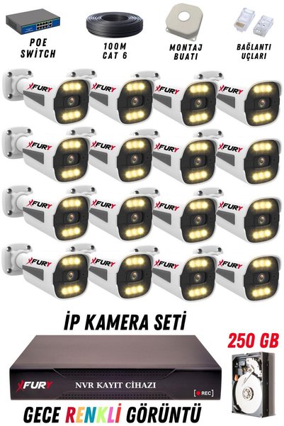 FURY 16 Kameralı Ip Güvenlik Kamerası Seti 4mp Gece Renkli Su Geçirmez 1506 250GB