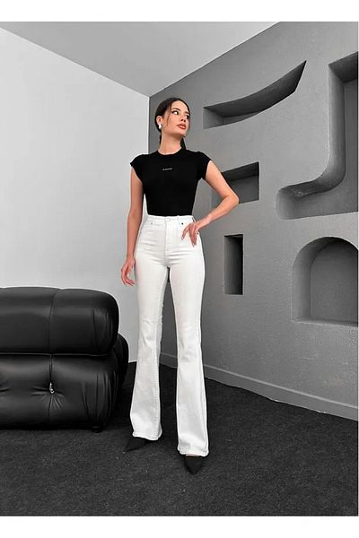 ÖZMODA Miav Women's White Lycra Spanish Leg Jeans (Stretch Fabric)