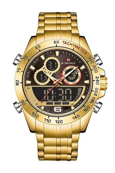 Naviforce Mens Dual Display Chronograph Watch Full Gold Stainless Steel Band Analog Digital Quartz Movement