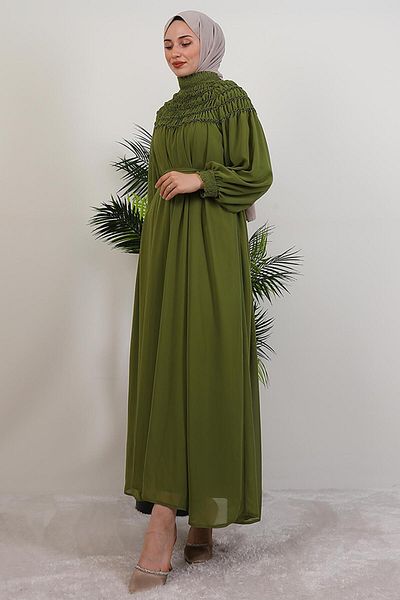 GİYZAMİLA Gipe Detail Chiffon Dress Fat Green
