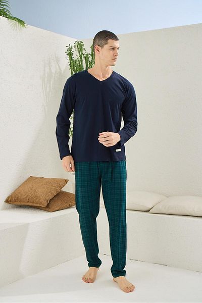 KLY PİJAMA Kly 9265 Men's 100% Cotton V-Neck Plaid Pajamas Suit