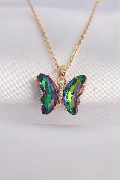 FAMEMUS ACCESSORY Steel Chain Gold Color Chain Green Butterfly Model Colorful Zircon Stone Necklace