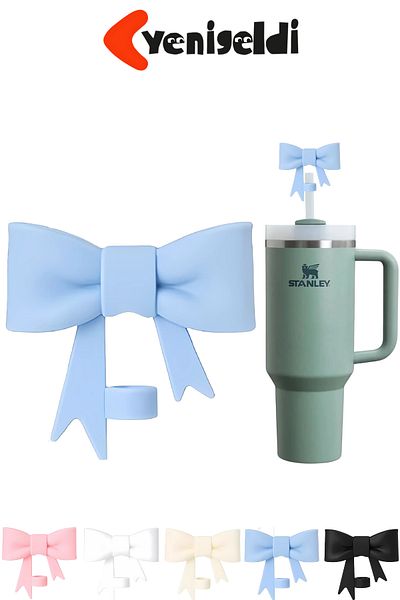 Yenigeldi 1 Piece Blue Bow 10mm Stnly Quencher Compatible Silicone Straw Dust Protective Cover