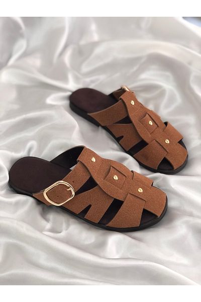 Hg Ayakkabı Vien Taba 2 cm Buckle Nubuck Slippers
