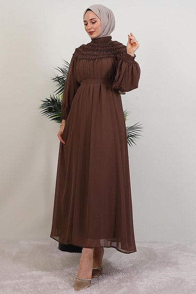 GİYZAMİLA Gipe Detail Chiffon Dress Brown