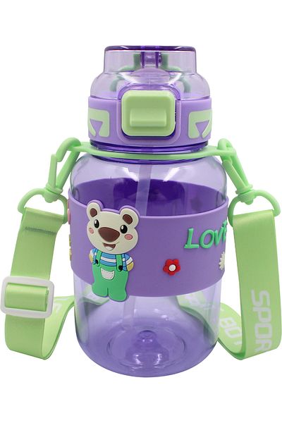Polin Tritran Children's Water Bottle, Cute Teddy Bear Pattern, Strap, Straw, 800ml
