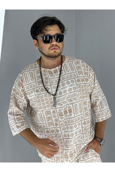 MARESHAL Printed Ethnic Pattern Linen 100% Cotton T-Shirt(Beige)