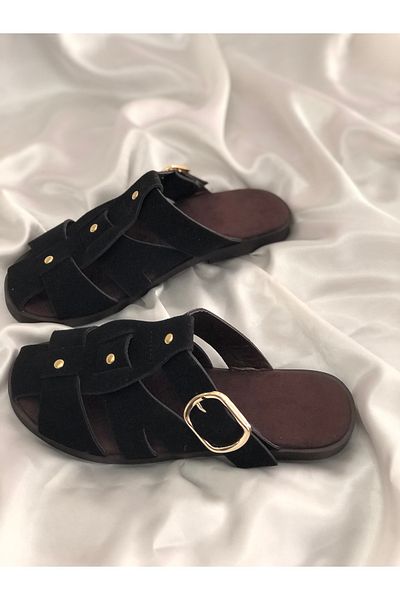 Hg Ayakkabı Vien Syah 2 cm Buckle Nubuck Slippers
