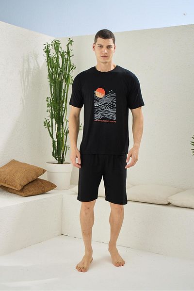 KLY PİJAMA Kly 2011 Men's Bamboo O-Neck Half Sleeve Sports Shorts Suit