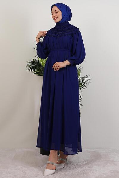 GİYZAMİLA Gipe Detail Chiffon Dress Midnight Blue