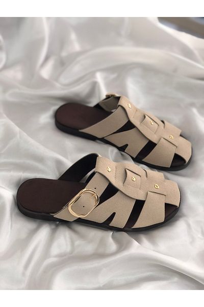 Hg Ayakkabı Vien Beige 2 cm Buckle Nubuck Slippers