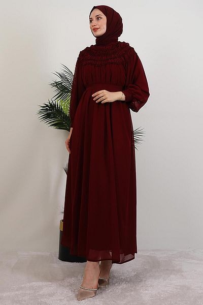 GİYZAMİLA Gipe Detail Chiffon Dress Burgundy
