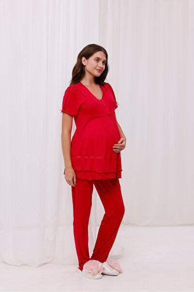 Yulem Homewear Cherry Lace Detailed Design Full Length Maternity Maternity Pajamas Set of 3