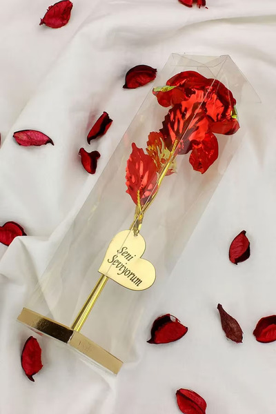 omilife Sonsuzluk Gülü Seni Seviyorum Yazılı Kutulu Dekoratif Yapay Gül Aranj...