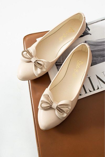 SWORD Ribbon Stone Detailed Ballerina Shoes | Bow Mother Shoes |   Casual Shoes - Skin Ballerina