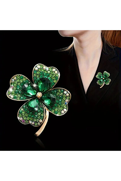 ZUMRANKA Dört Yapraklı Yonca Yeşil Şans Zirkon Taşlı Metal Broş